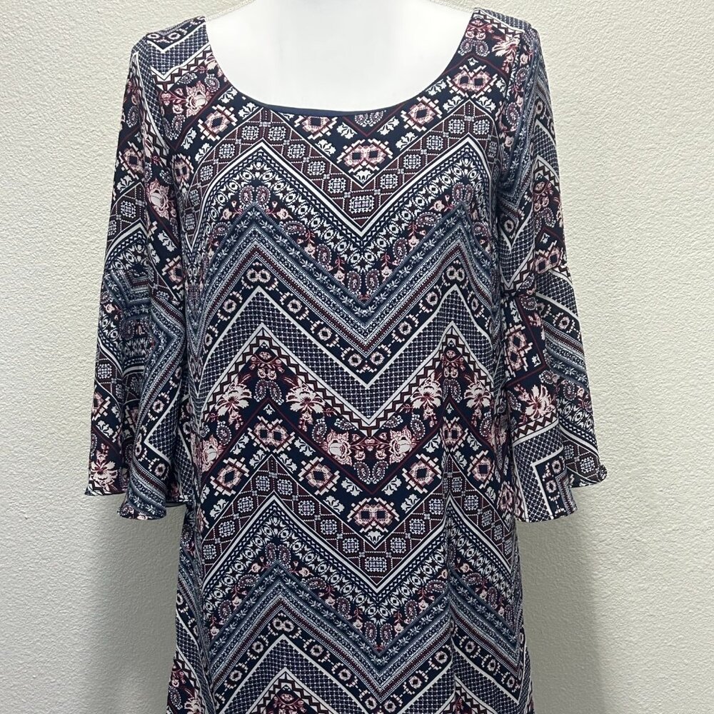 Charlotte Russe red and navy floral mini dress, bell sheer sleeves, small